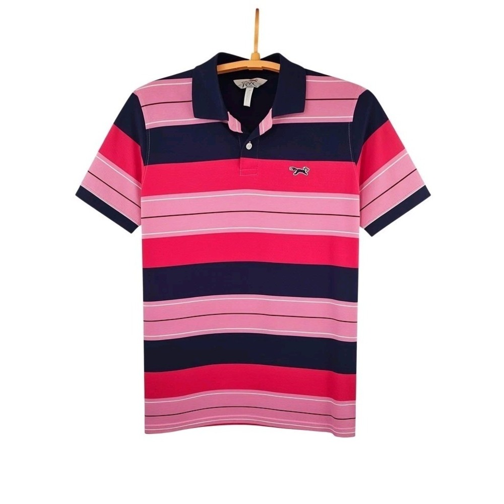 Vintage Retro Fox Men's Large Striped Polo Shirt Navy Pink Cotton Short Sleeve